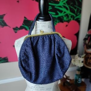 60s Vintage Faux Pearl Navy Blue-Beaded Handbag